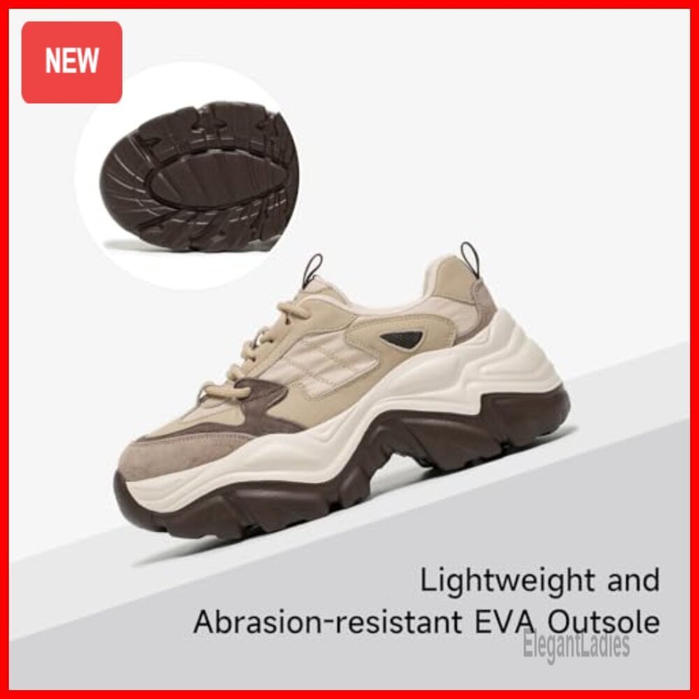Chunky Leather Sneakers with Lace-Up Design, EVA Sole, Comfort Fit - Picture 6 of 7